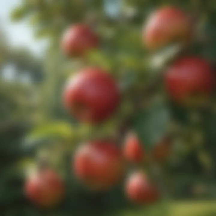 Close-up of ripe fruits on a low maintenance apple tree, showcasing its abundance.