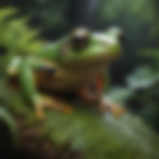 Colorful tree frog blending in with rainforest foliage