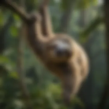 Sloth hanging from a tree branch in the rainforest