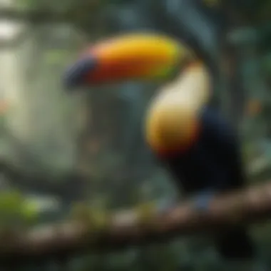 A toucan perched on a rainforest branch with its colorful beak