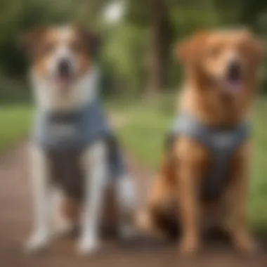 Side-by-side comparison of a dog anxiety wrap and Thundershirt on two different dogs.