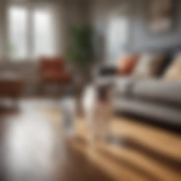 A pet owner applying an odor remover spray in a living room setting