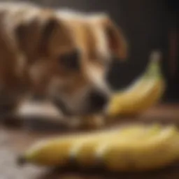 A dog curiously looking at a banana