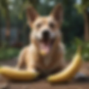 A dog enjoying a banana treat outdoors