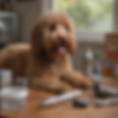 Grooming tools laid out beside a Labradoodle, emphasizing grooming needs