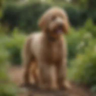 A Labradoodle playing in a garden, illustrating its friendly nature