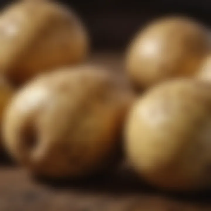 A close-up of a raw potato on a wooden surface, highlighting its texture.