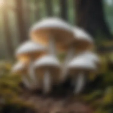 A picture of various white mushrooms in a natural setting, showcasing their appearance.