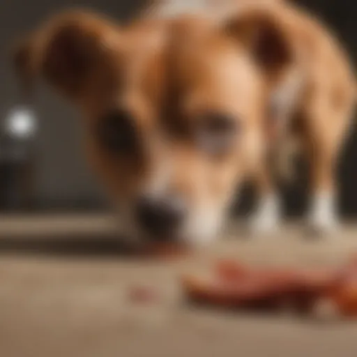 A dog curiously sniffing a strip of bacon