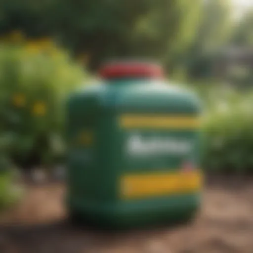 Close-up of Roundup herbicide container in a garden setting.