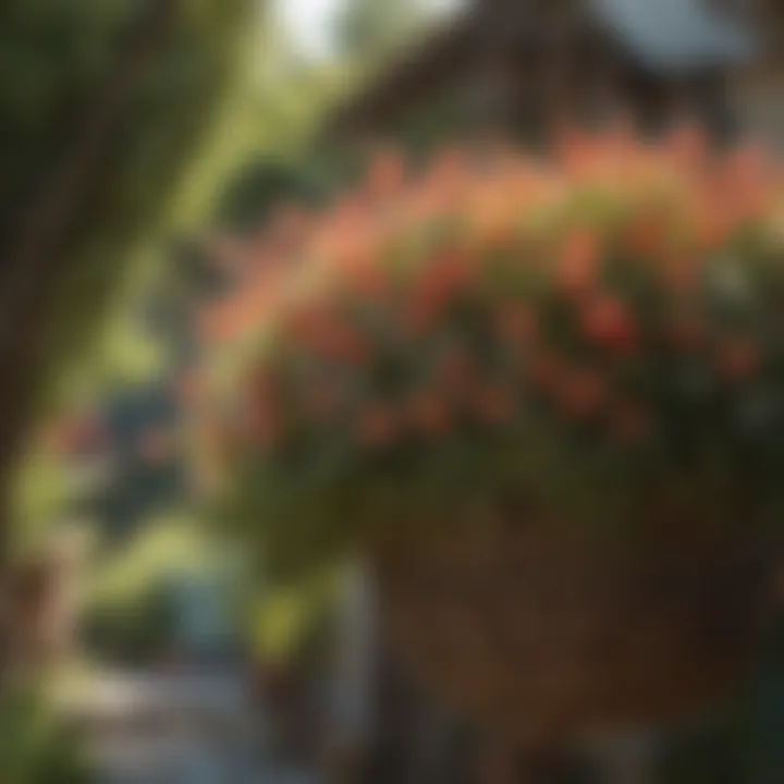 Hanging basket flowers in full bloom under sunlight