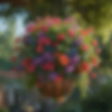 Assorted colorful hanging baskets in a garden