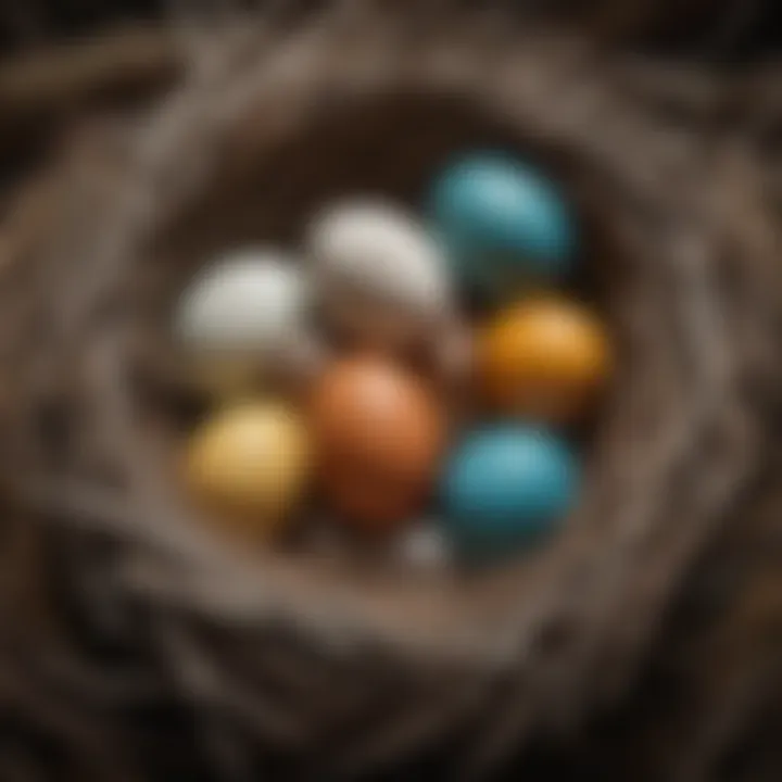 A close-up of a bird's nest filled with colorful eggs