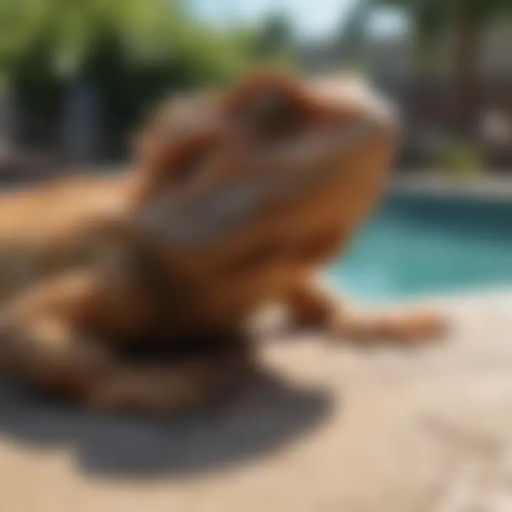 Close-up of a bearded dragon basking near a pool