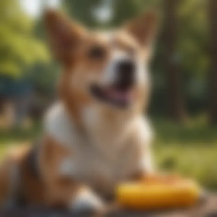 A happy dog enjoying a honey treat outdoors