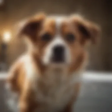 A dog enjoying a bath with anti-shedding shampoo, showcasing a shiny coat.