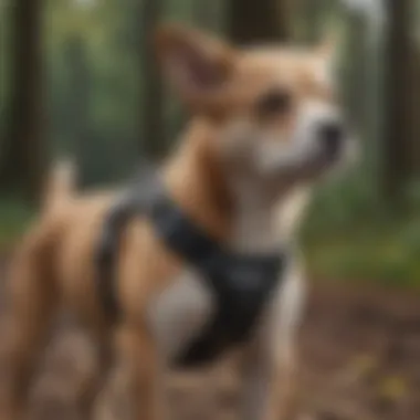 A close-up of a puppy wearing a well-fitted harness during a walk.