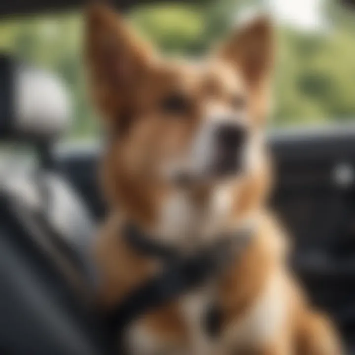 A well-secured dog in a car seat belt