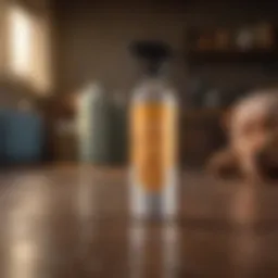 A bottle of fabric spray designed for eliminating pet odors on a clean surface.