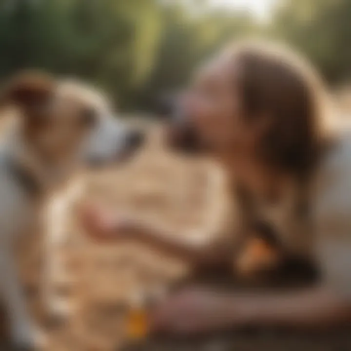 A dog owner administering an oral flea and tick medication to their pet.