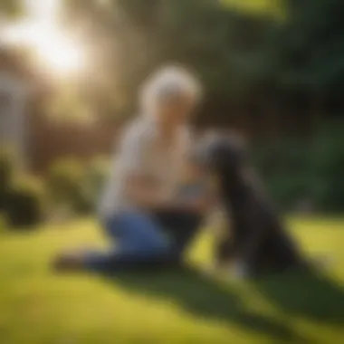 A happy senior playing with a non-shedding dog in a sunlit backyard.