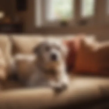 A calm and gentle non-shedding dog resting on a cozy couch next to an elderly person.