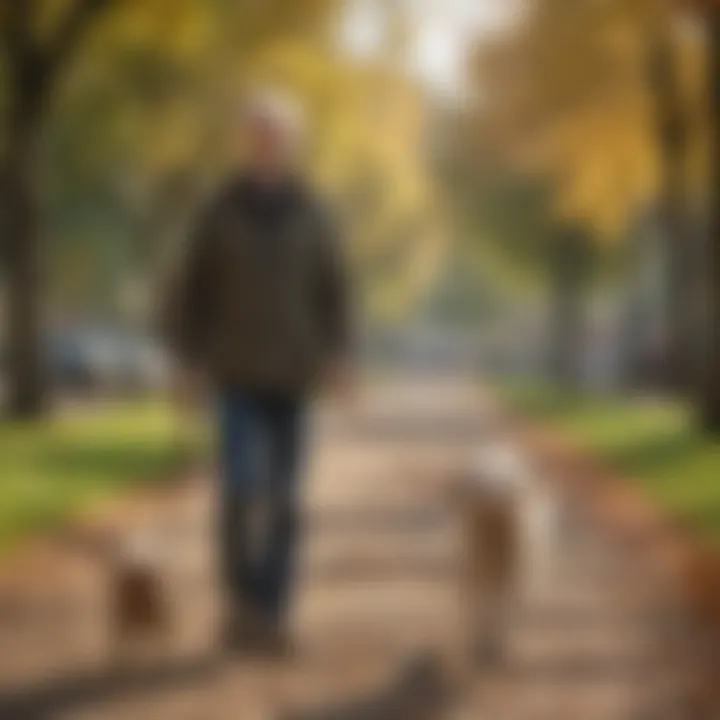 A senior individual enjoying a walk with a medium-sized non-shedding dog in a park.