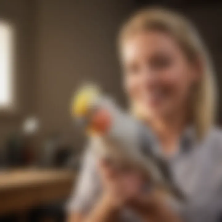 A cheerful cockatiel interacting playfully with its owner.