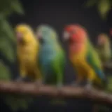 Colorful parakeets perched on a branch showcasing their vibrant feathers.