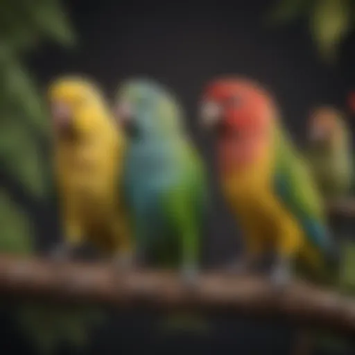 Colorful parakeets perched on a branch showcasing their vibrant feathers.