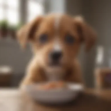 A puppy looking pleased after finally enjoying its meal, with a satisfied expression.