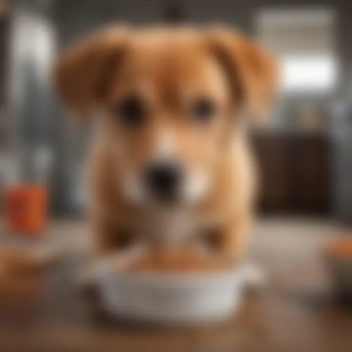 A finicky puppy sniffing a bowl of gourmet dog food, looking curious yet hesitant.