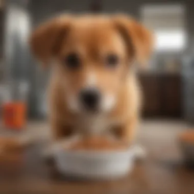 Curious Puppy Exploring Gourmet Dog Food A finicky puppy sniffing a bowl of gourmet dog food, looking curious yet hesitant.