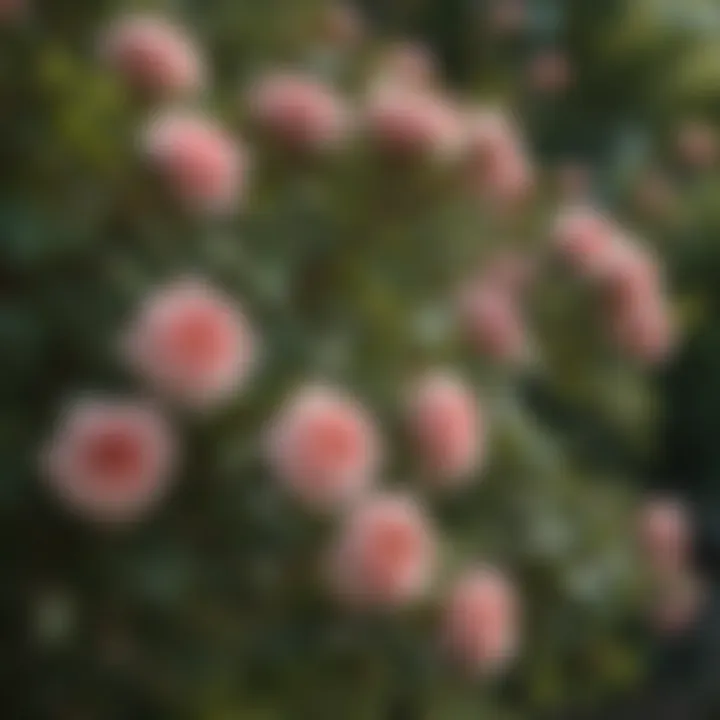 Close-up of rose tree foliage illustrating healthy leaves and blooms