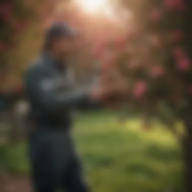 A gardener tending to rose trees, emphasizing care and maintenance