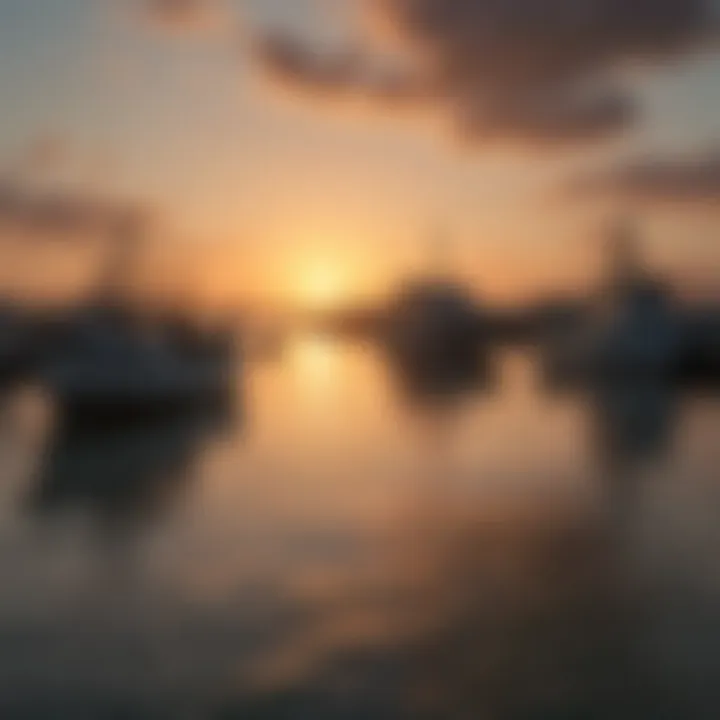 A stunning view of a Florida coastline at sunrise with fishing boats ready for tuna fishing.