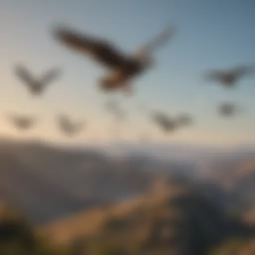 A diverse flock of birds soaring over a Northern California landscape