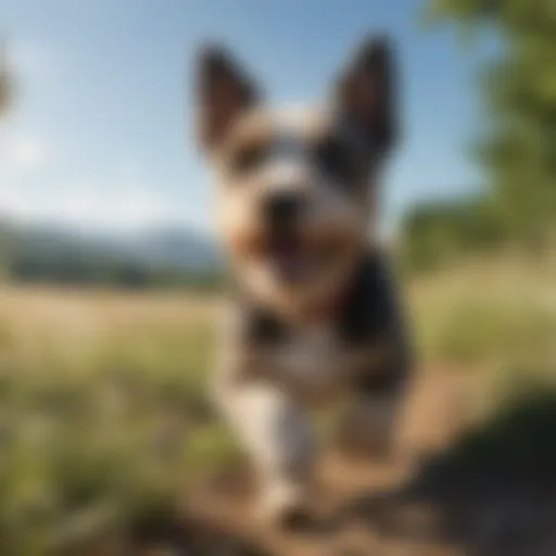 A serene landscape under a bright blue sky with a terrier running joyfully.