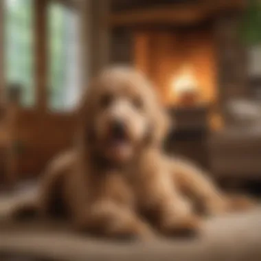 A cozy home environment with a goldendoodle playing with children