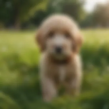 A playful goldendoodle puppy in a lush green field