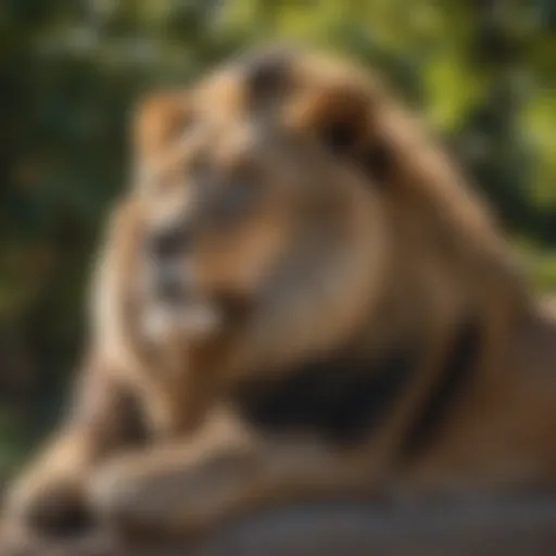 Majestic lion lounging in the sun at Brookfield Zoo