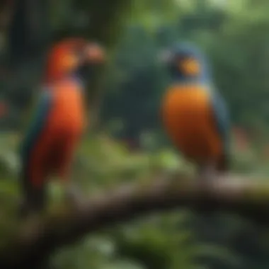 Vibrant birds perched in a lush habitat