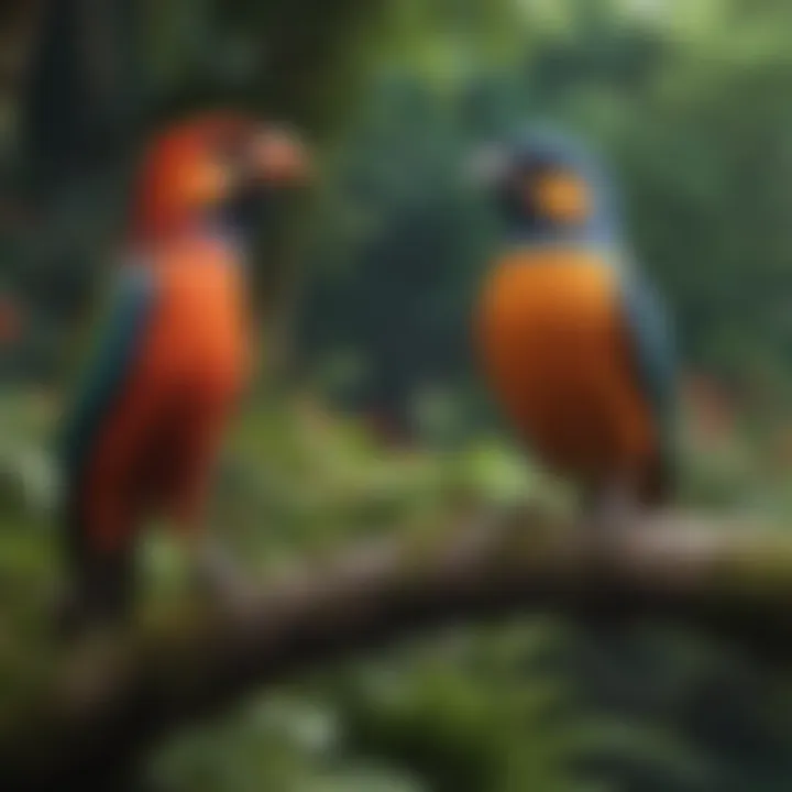 Vibrant birds perched in a lush habitat