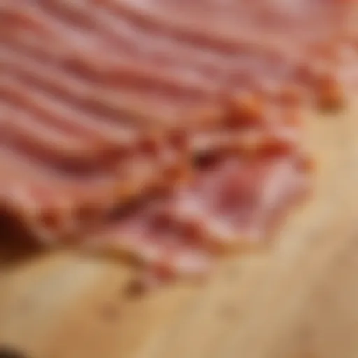 A close-up of raw bacon on a wooden cutting board, emphasizing its texture.