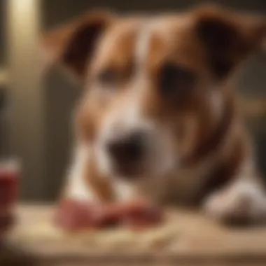 A playful dog looking curiously at a piece of raw bacon, showcasing canine interest.