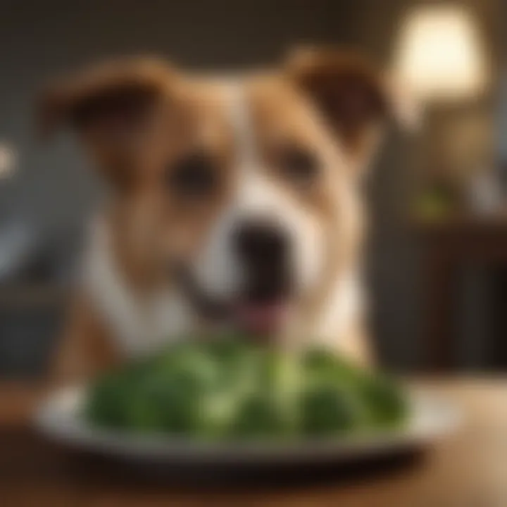 A happy dog enjoying a small piece of broccoli