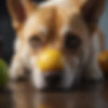 A dog curiously sniffing a lemon