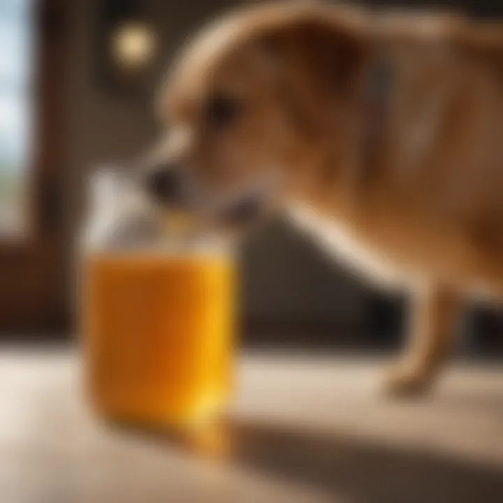 A dog sniffing a jar of honey with curiosity