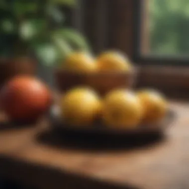 A close-up of mangoes on a wooden table.