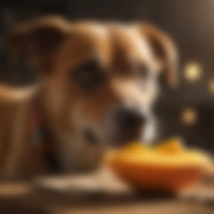 A playful dog enjoying a slice of mango.